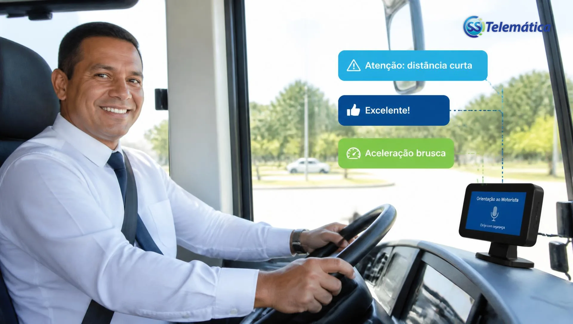 Motorista recebendo orientação em tempo real do Copiloto: distância curta, aceleração brusca e feedback positivo